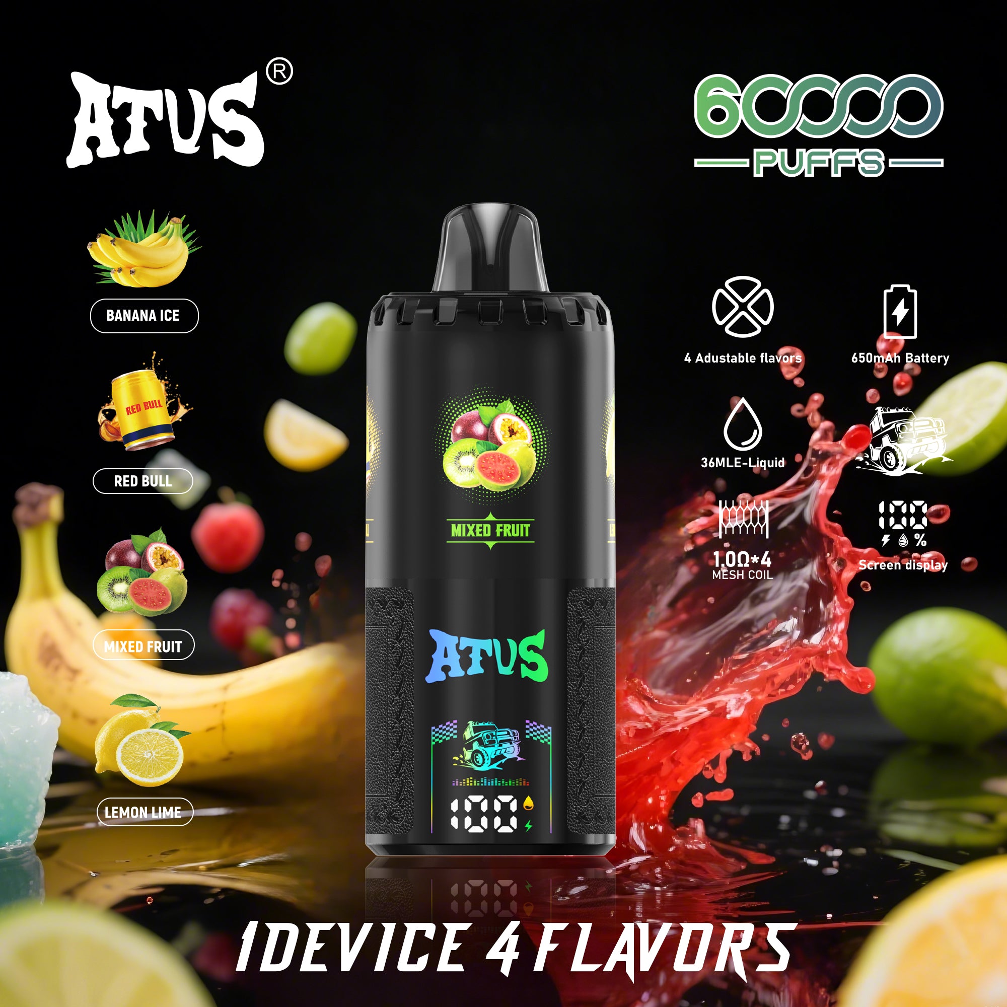 ATVS 60 000 Puffs: Mrożony banan | Napój energetyczny | Mieszane owoce | Cytryna-limonka