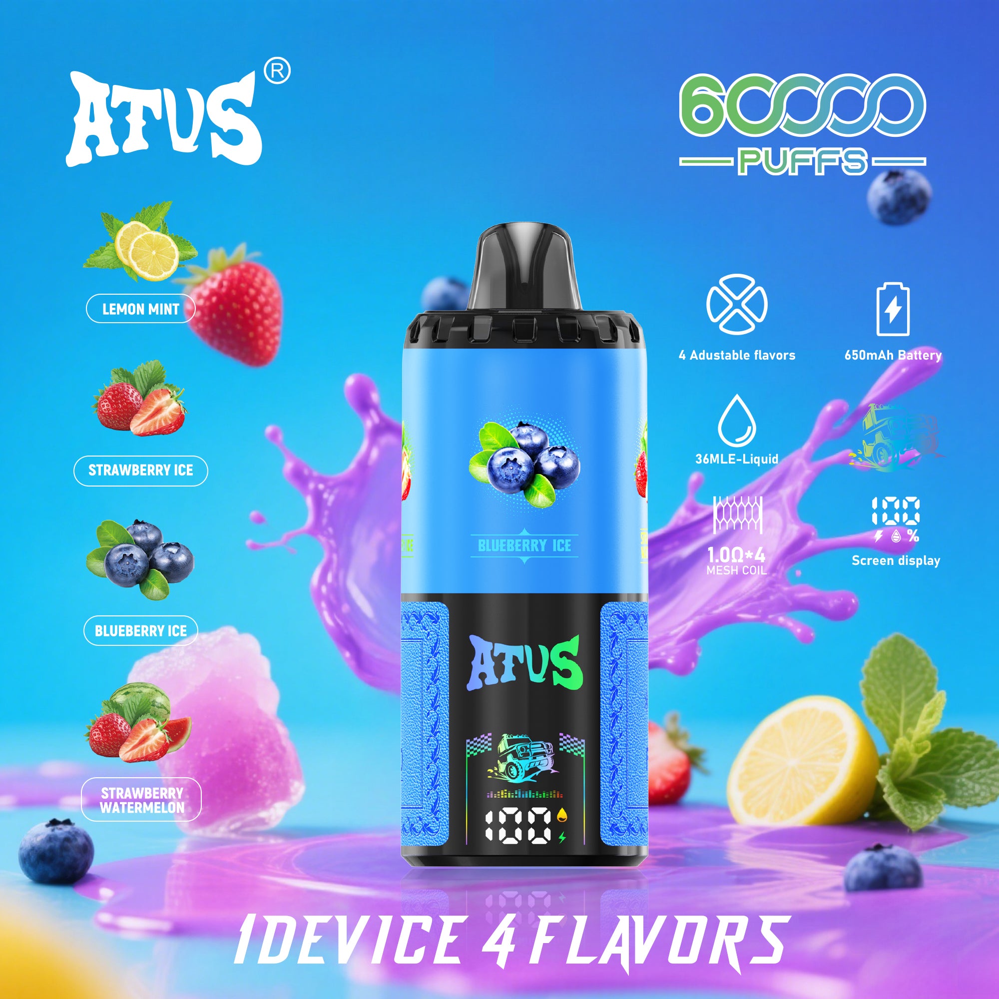 ATVS 60 000 Puffs: Cytryna z miętą | Mrożona truskawka | Mrożona malina | Truskawka z arbuzem