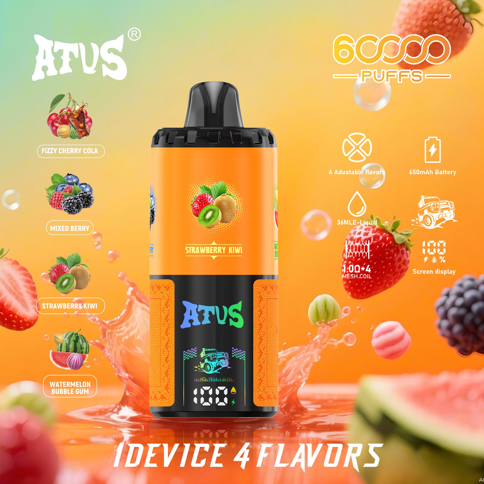 ATVS 60 000 Puffs: Musująca wiśniowa cola, mieszane jagody, truskawka, kiwi, arbuz, guma do żucia