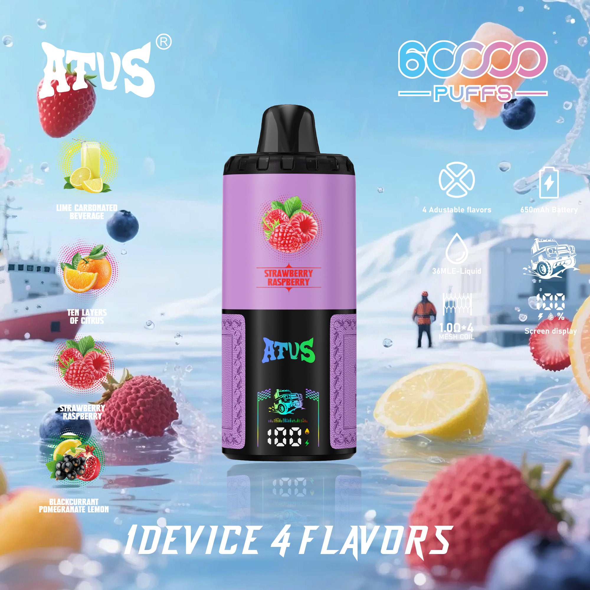 ATVS 60 000 Puffs: Napój gazowany o smaku limonki Dziesięciowarstwowy cytrus Truskawka-malina Czarna fasola-granat-cytryna