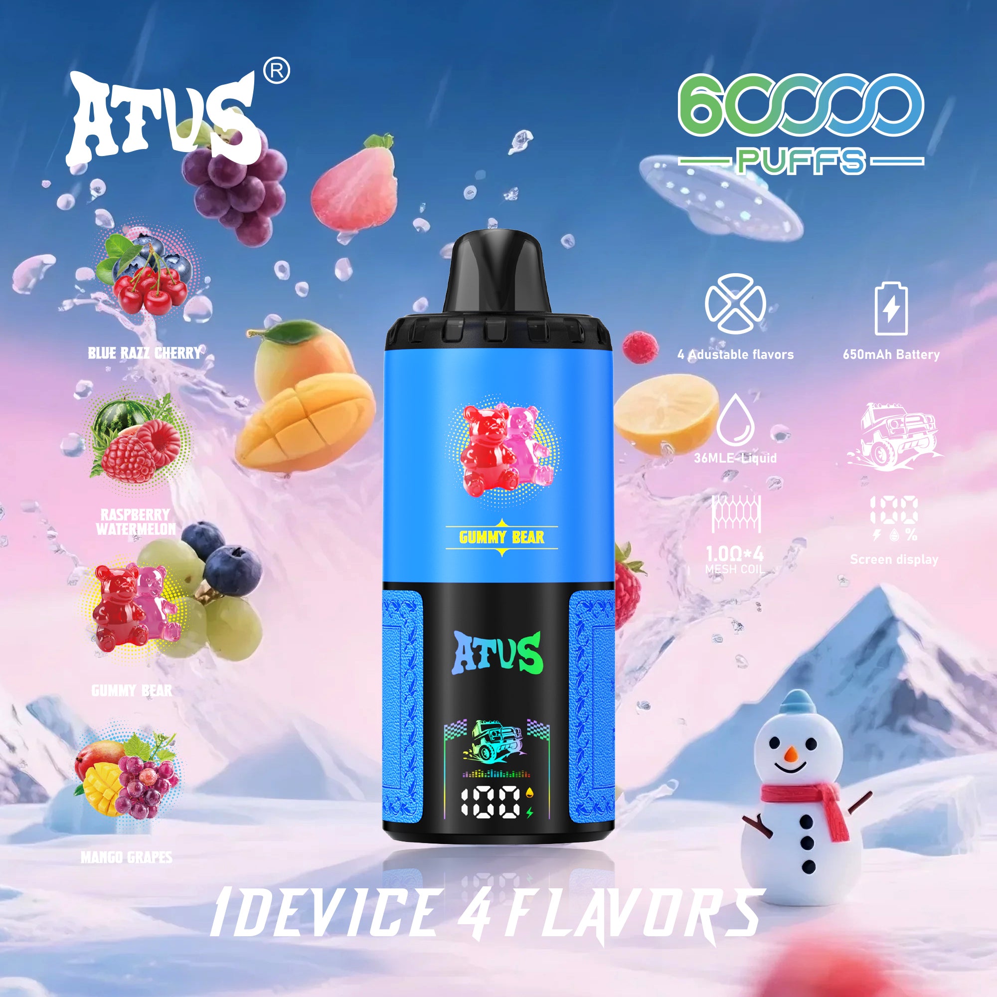 ATVS 60 000 Puffs: Niebieski Malina-Wiśnia Malina-Arbuz Żelki Winogrono-Mango